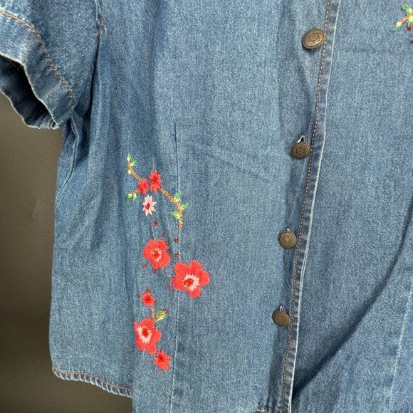 Vintage K Studio Plus Size 14 Denim Embroidered Floral Open Back Button Up Shirt - Picture 2 of 14